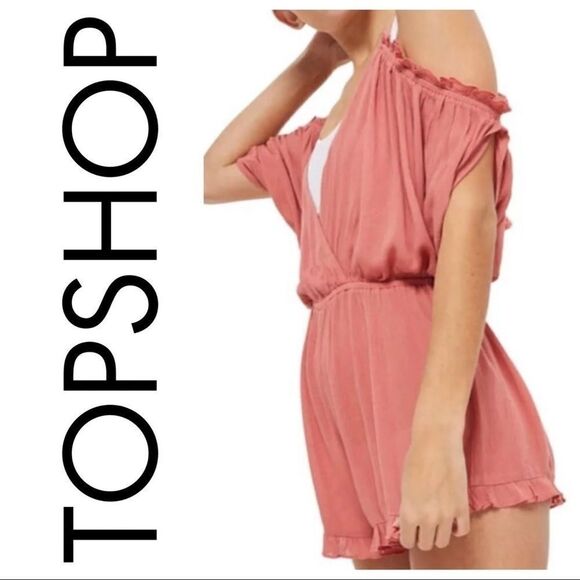 NWT Topshop Cold Shoulder Pink Ruffle Romper - Picture 2 of 14